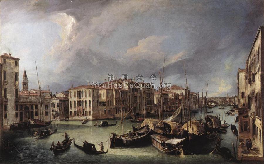 The Grand Canal with the Rialto Bridge in the Background - 卡纳莱托